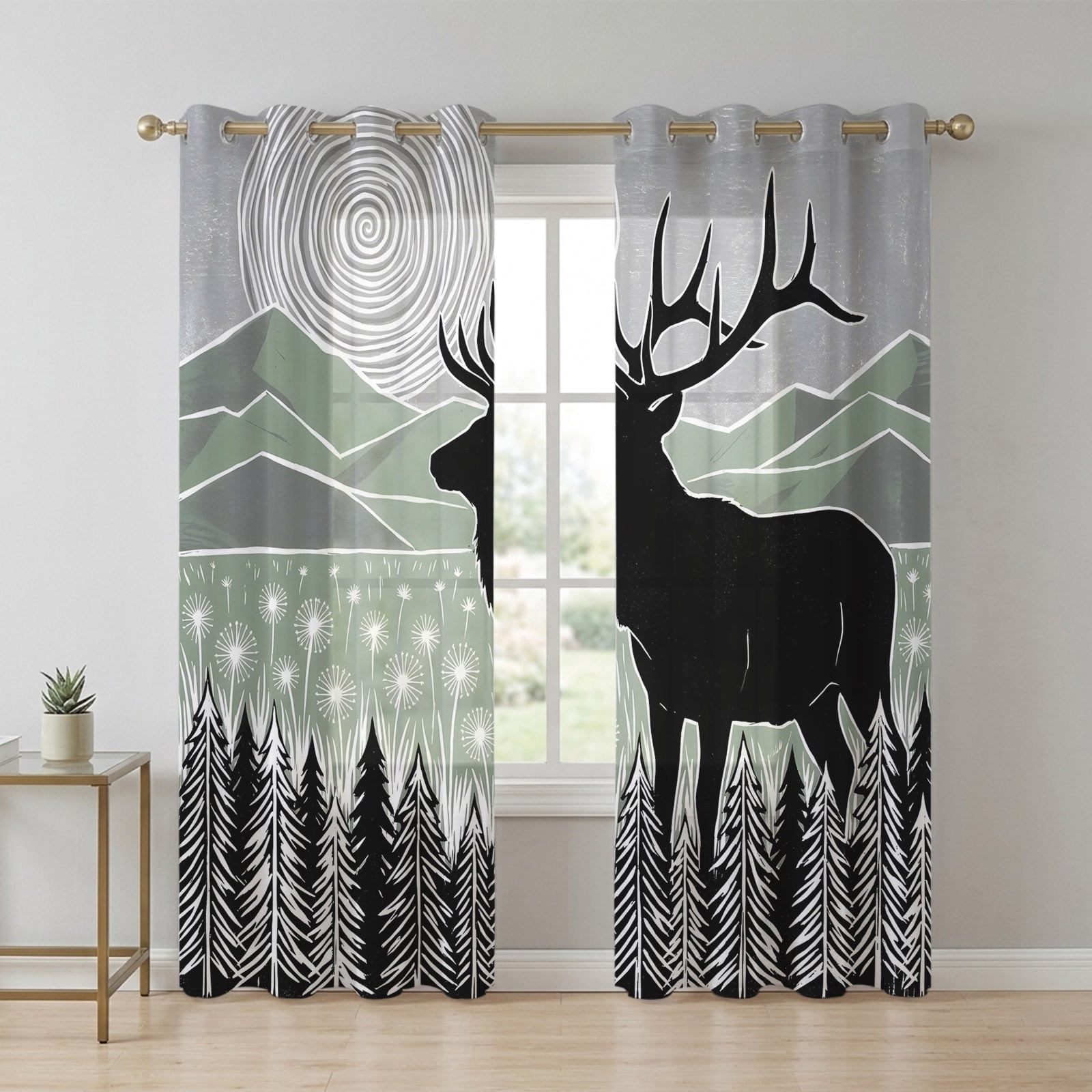 Black Elk Silhouette Sheer Curtains 96 Inch Long 2 Panels, Pine Forest ...