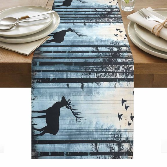 Black Elk Table Runner 13 x 36 Inch, Sunlight Forest Animal Bird Nature Scenery Washable Cotton Linen Dining Table Runner Tabletop Decorations for Restaurant Home Kitchen Party