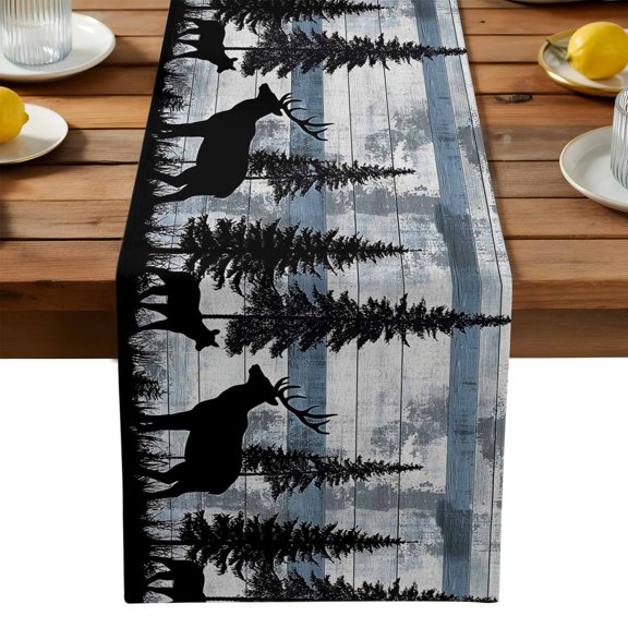 Black Elk Table Runner, Navy White Wood Grain Forest Animal Nature Kitchen Table Runners Dress Scarves for Table Decorations Party/Restaurant/Indoor Outdoor Use, 13x120in