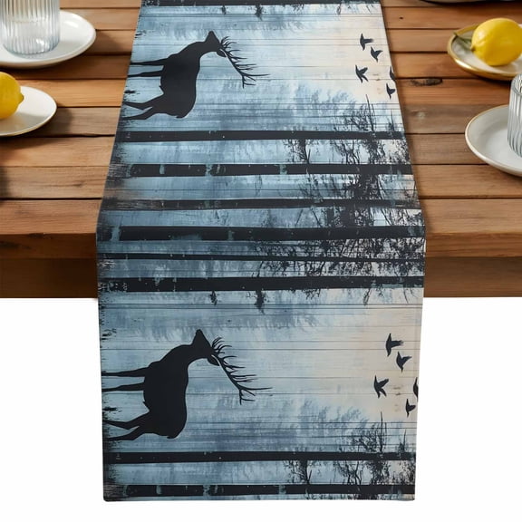 Black Elk Table Runner, Sunlight Forest Animal Bird Nature Scenery Kitchen Table Runners Dress Scarves for Table Decorations Party/Restaurant/Indoor Outdoor Use, 13x36in