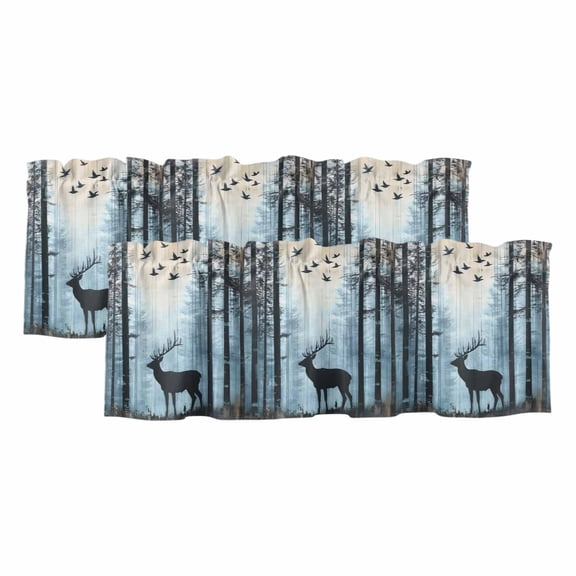 Black Elk Window Valance, Sunlight Forest Animal Bird Nature Scenery 2 Pack Decorative Curtain for Small Windows, Light Filtering Valance with 3” Rod Pocket, 42"W x 12"L