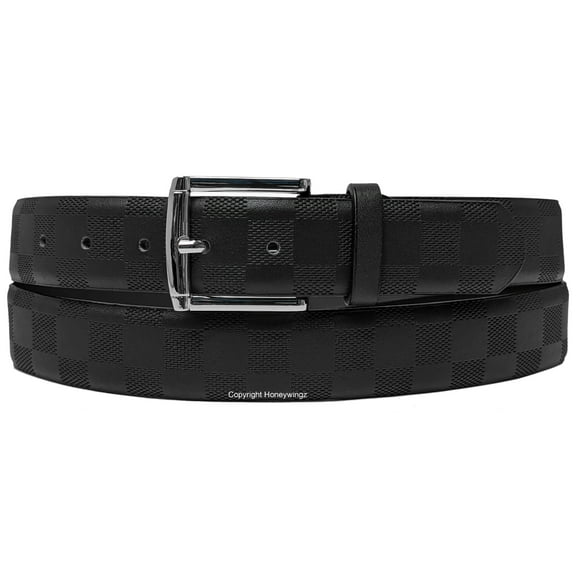 Black Embossed Checkers Bonded Leather Belt with Silver Chrome Belt Buckle
