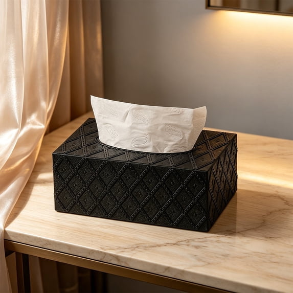 Black Embossed Diamond Rectangular Tissue Box Cover, Medium Size Decorative Desktop Napkin Holder, Resin Facial Tissue Storage Case for Kitchen Bathroom Bedroom Table Home Decor