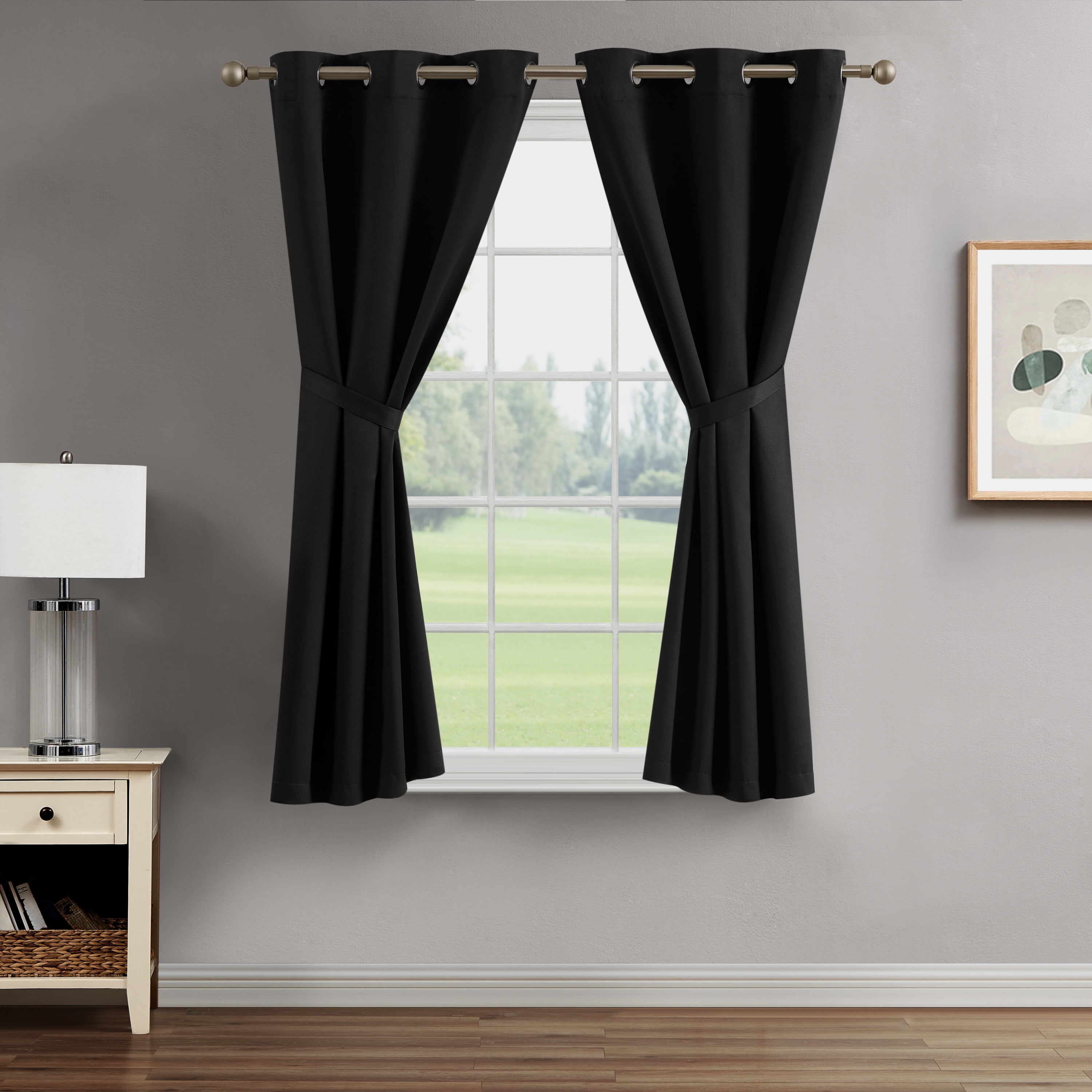 Black Embossed Thermal Woven Window Curtain Pair w Tiebacks, 38x63, Jasper
