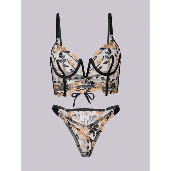 Black Embroidered Corset & Panty Lingerie Set (MULTI, 3XL)