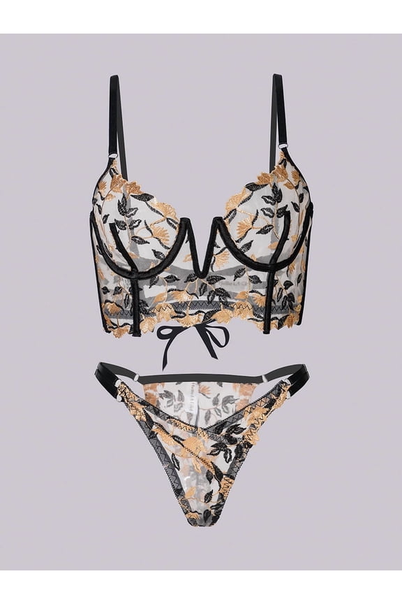 Black Embroidered Corset & Panty Lingerie Set (MULTI, M)