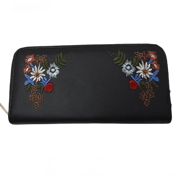 Black Embroidered Flower Zip Wallet Clutch Easy to Hold & Carry 7.5 x4"