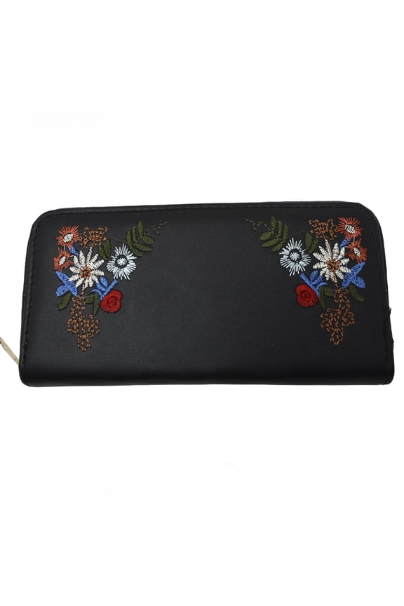 Black Embroidered Flower Zip Wallet Clutch Easy to Hold & Carry 7.5 x4"