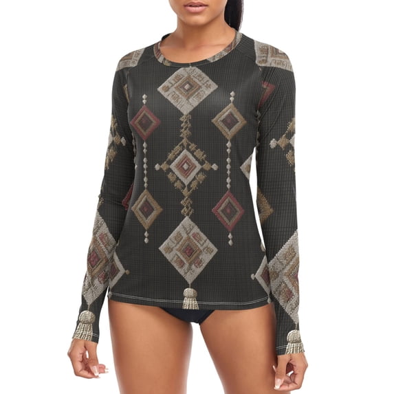 Black Embroidery Plaids with Tassels Women's Rash Guard Shirts UPF 50 ...