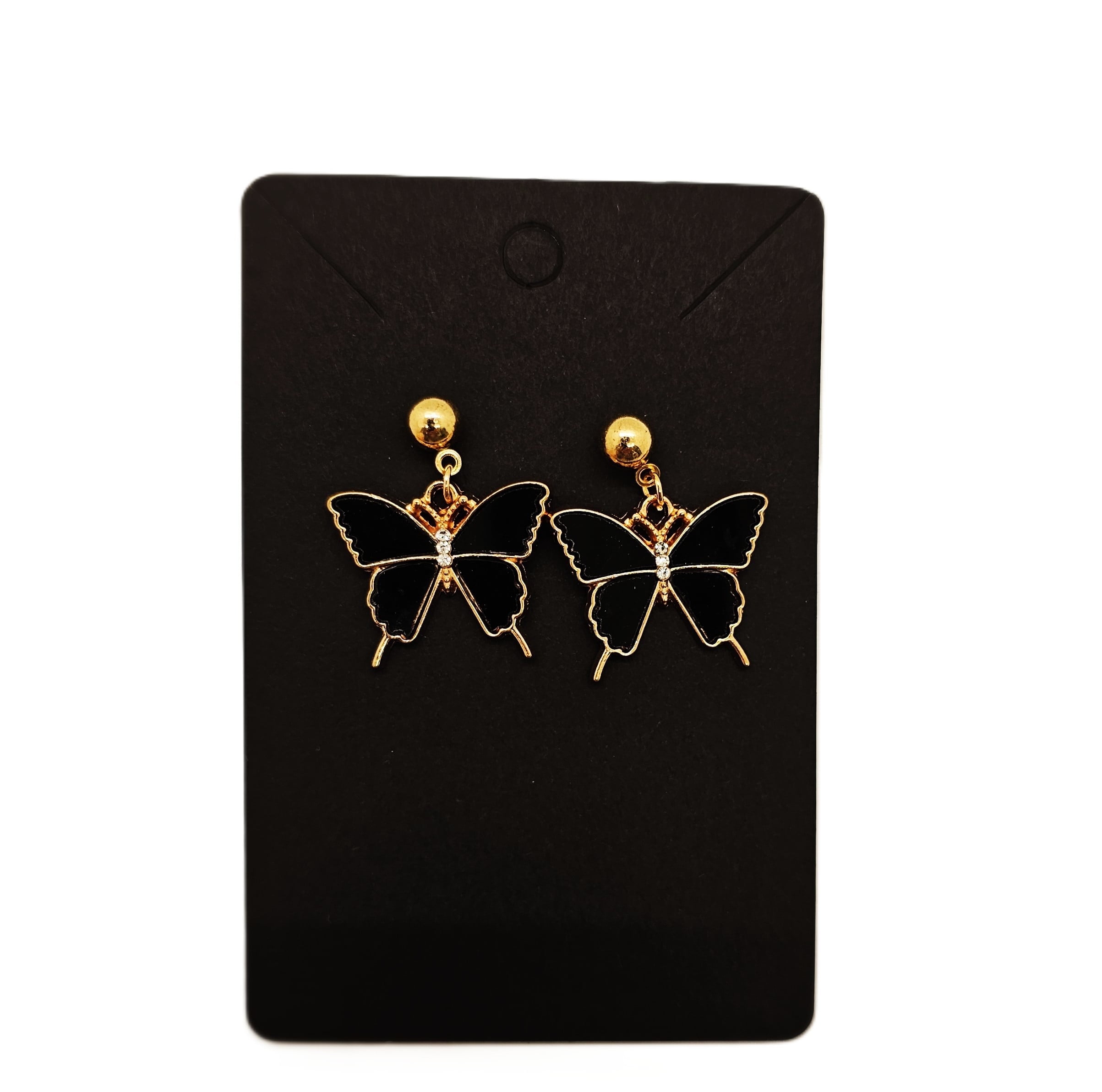 Black Enamel Butterfly Earrings, Gold Tone