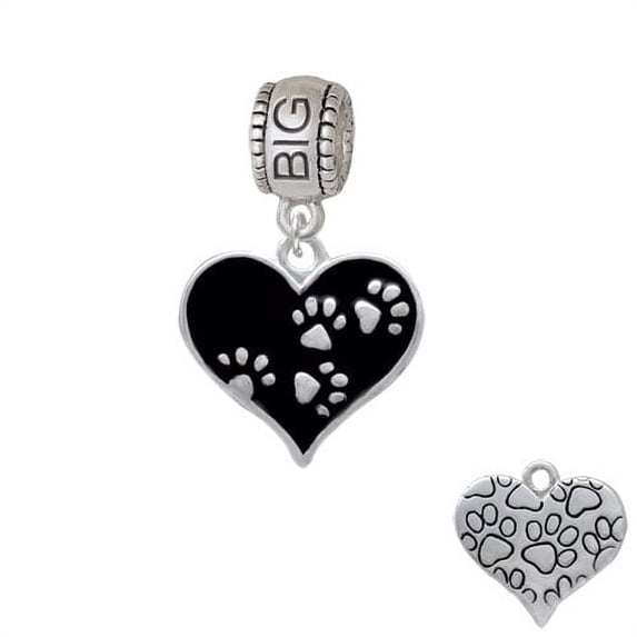 Black Enamel Heart with Paw Prints - Big Sister Charm Bead