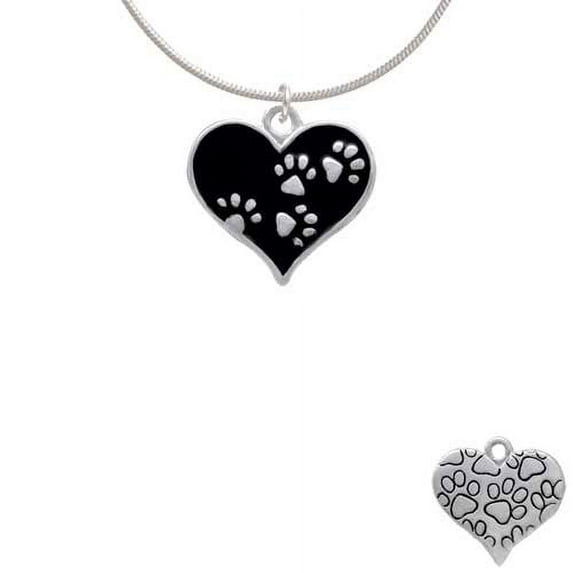 Black Enamel Heart with Paw Prints Charm Necklace, 18"+2" Extender
