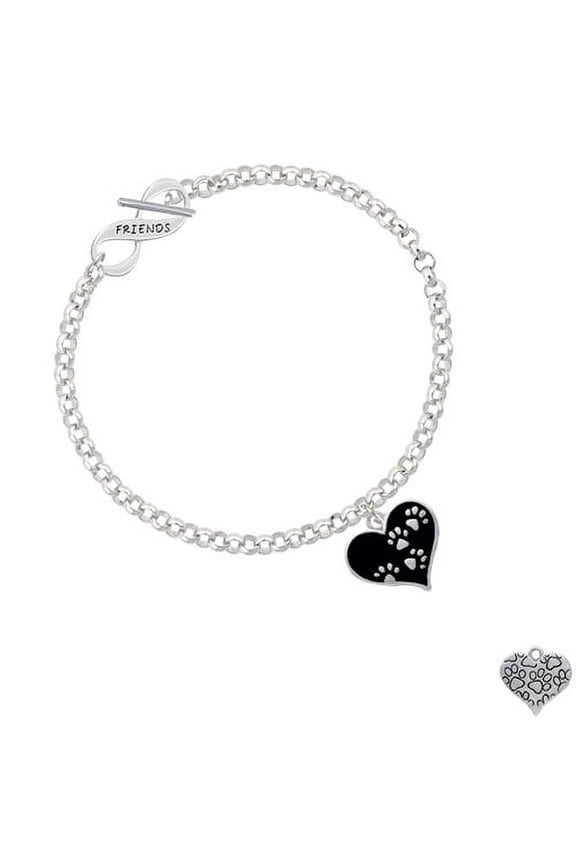 Black Enamel Heart with Paw Prints Friends Infinity Toggle Chain Bracelet