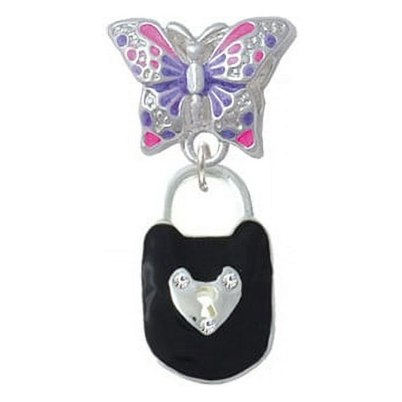 Black Enamel Lock with Clear Crystals - Butterfly Charm Bead