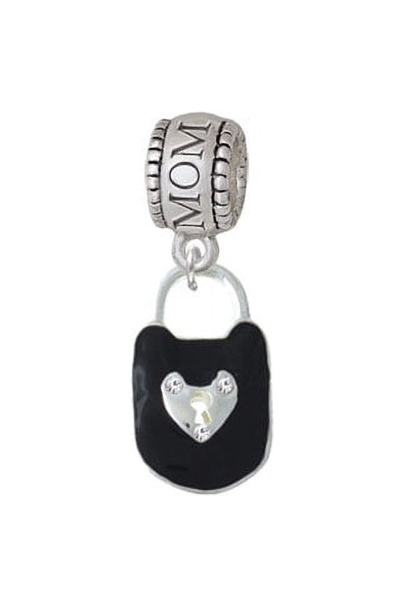 Black Enamel Lock with Clear Crystals - Mom Charm Bead