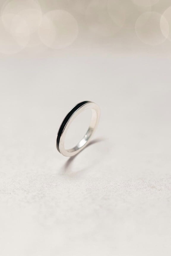 Black Enamel Ring - Sterling Silver Stackable Ring - Handmade Promise Ring For Her - Full Enamel Ring Gift
