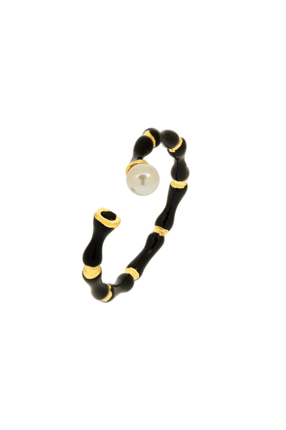 Black Enamel Twisted Bamboo Pearl Ring,  Open Adjustable Ring, Minimalist Stackable Jewelry for Her