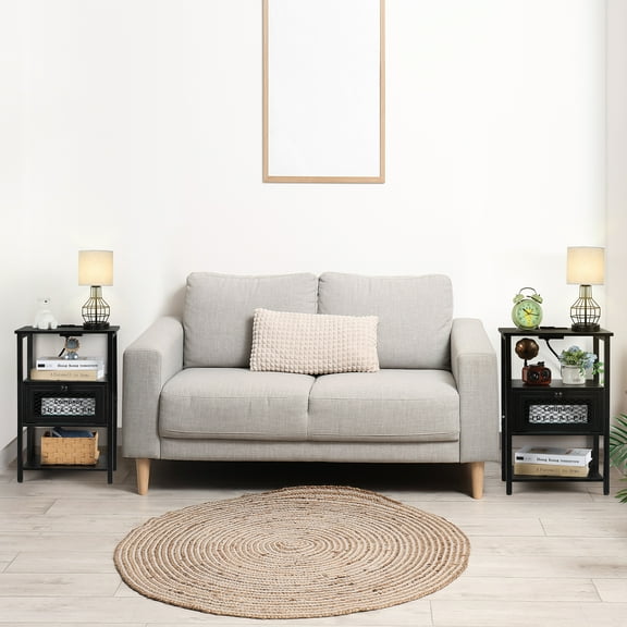 Black End Table with Charging Station 2 Bedside Tables with Magnetic Drawers Narrow side table with USB port and socket Suitable for living rooms and bedrooms