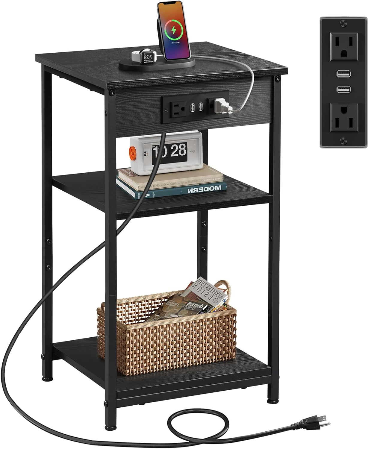 Black End Table with Charging Station, Slim Night Stand with 3 Storage ...