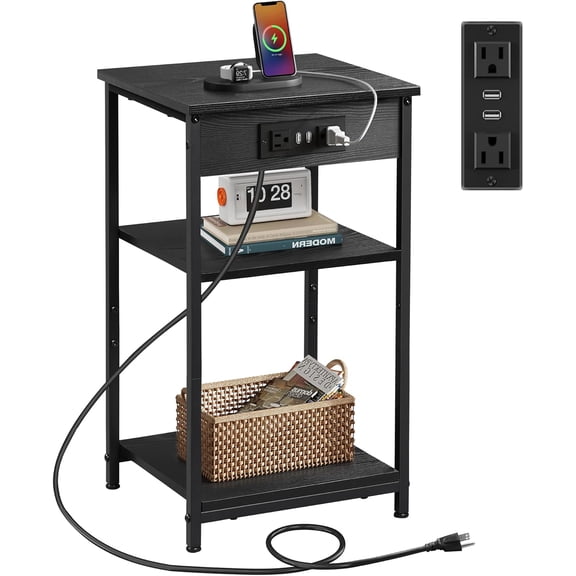 Black End Table with Charging Station, Slim Night Stand with 3 Storage Shelves, Small Side Tables for Small Spaces, Bedside Tables for Living Room, Bedroom