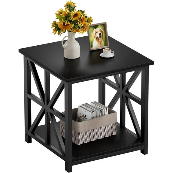 Black End Table with 2-Tier Storage Shelf, 19.7 inch Side Table for Living Room, Modern Nightstand Bedside Table for Bedroom, Office