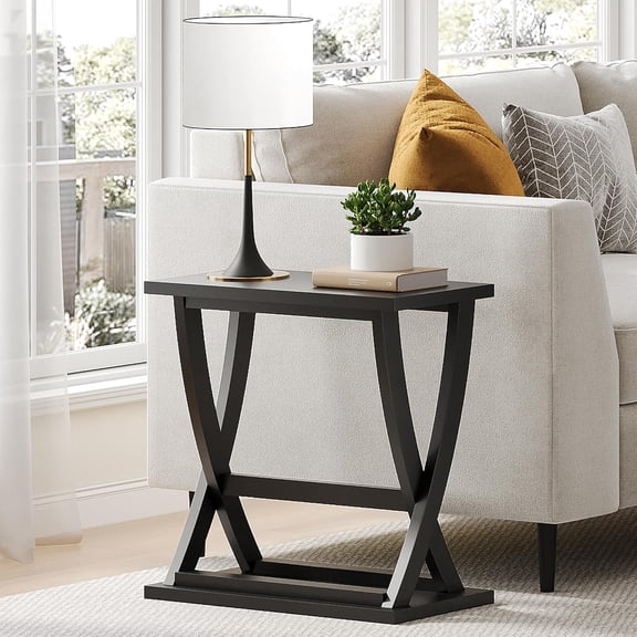 Black End Tables Set of 2, Narrow Side Table with Storage Shelf, Modern X-Design Slim Bedside Tables for Living Room