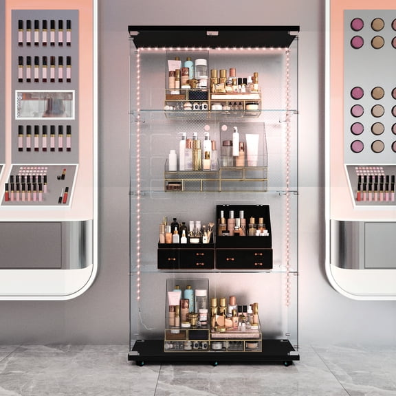 Black Engineered Hardwood & Glass - Motion - Sensing LED Lights - Office and Hallway - Stylish & Easy - to - Place Storage