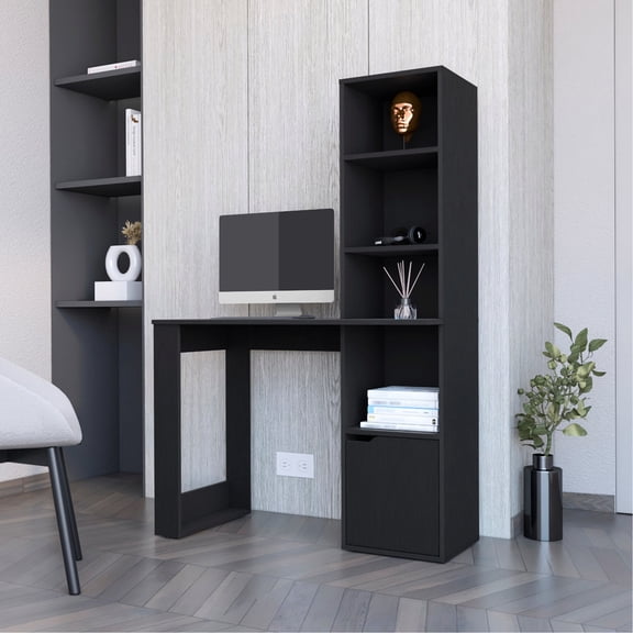 Black Engineered Wood - 4 - Tier Bookcase Storage - Home Office - Organize Essentials Visually