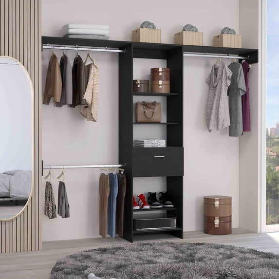 Key Drawer Unit Black Engineered Wood Closet Organizer System with Three Metal Hanging ...