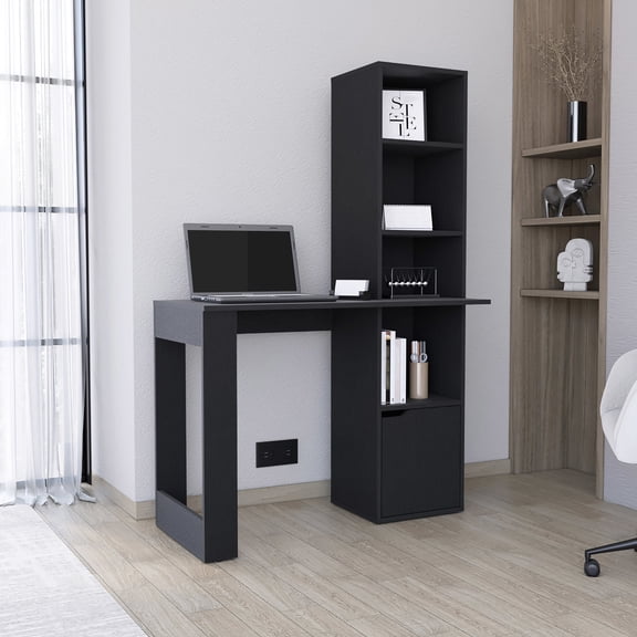 Black Engineered Wood Computer Desk - Single Door Cabinet for Discreet Storage - Home Office Upgrade - Comfortable Work Setup