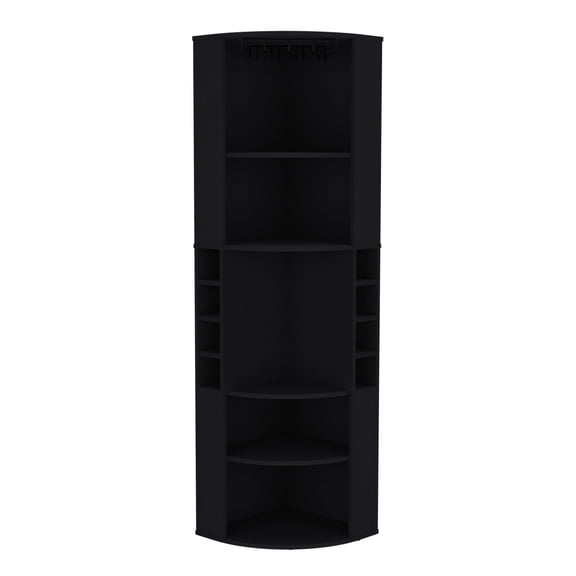Black Engineered Wood - Elevated Glass Rack for Easy Access - Living Room Use / Ideal for Long - Term Mixology Storage