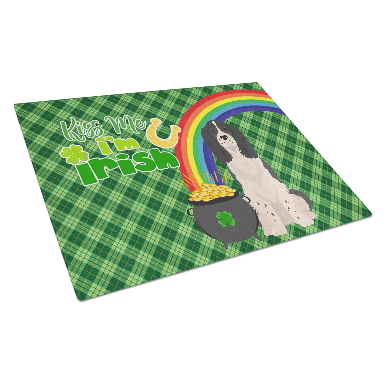 Black English Springer Spaniel St. Patrick's Day Glass Cutting Board Large 12 in x 15 in