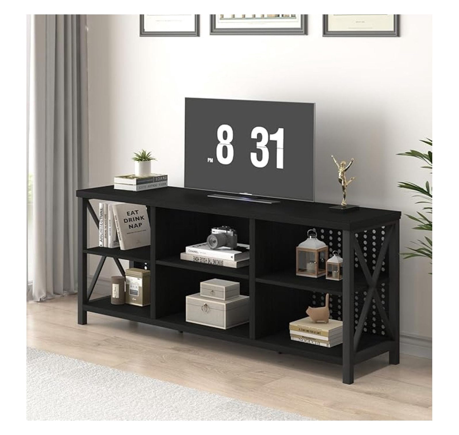 Black Entertainment Center, Modern Wood Metal TV Stand for 65 Inch TV ...
