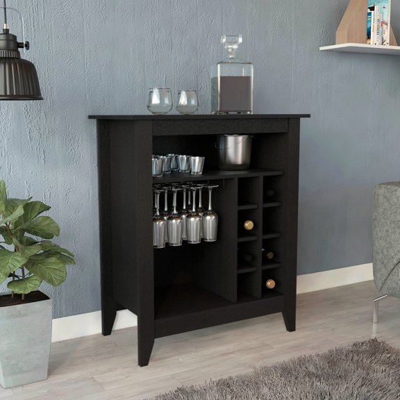 Black Essential Bar Cabinet, One Open Shelf, Six Wine , 32.5"w X 17.7"d, Effortless Install Process, Particle Board Cabinet In Black, Rack, 33.05"w 18.06"d, Simple Installation Type,