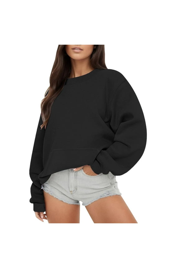 Black Essentials Hoodie, Polyester Hoodies for Women, Women's Solid Color Round Neck Oversized Sweatshirt Loose Fit Long Sleeve Light Sweatshirt Loose Blouse M