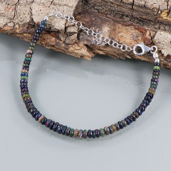 Black Ethiopian Opal 3-3.5mm Rondelle Shape Smooth Cut Beads 7 inch adjustable Silver Plated Clasp Bracelet for men, women, unisex. Link Chain Stacking Bracelet.|LINK_00988