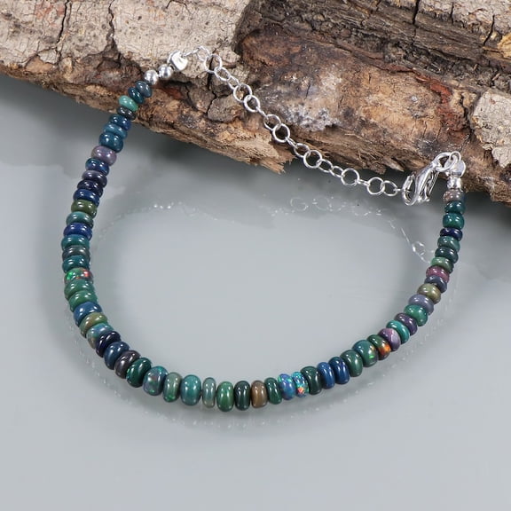 Black Ethiopian Opal 3-3.5mm Rondelle Shape Smooth Cut Beads 7 inch adjustable Silver Plated Clasp Bracelet for men, women, unisex. Link Chain Stacking Bracelet.|LINK_00987