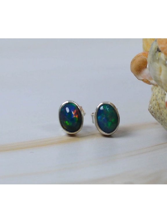 Oval Stud Black Opal Earrings 8 ct. t.w. 925 Sterling, Sterling Silver