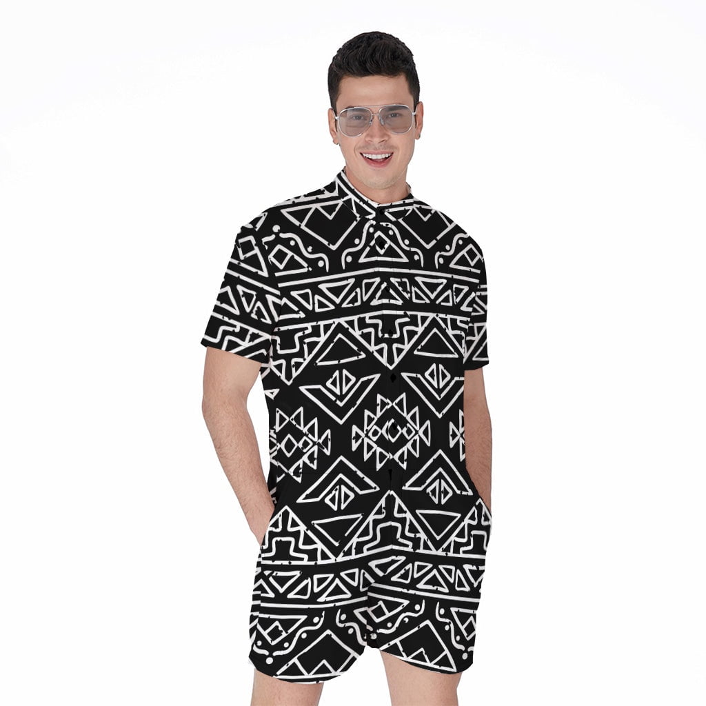 Black Ethnic Aztec Pattern Short Sleeve Men'S Rompers Casual Summer ...
