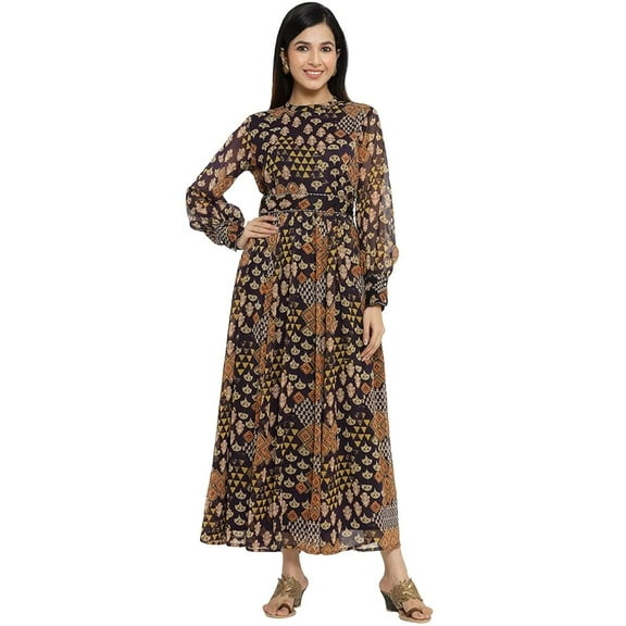 Black Ethnic Motif Printed Chiffon Flared Maxi Dress With Buttons.