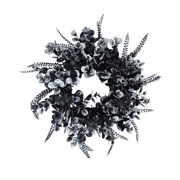 Black Eucalyptus Halloween Wreath 12 Inch, Artificial Floral Door Decor for Front Porch Outdoor Halloween Party Gothic Home Decor