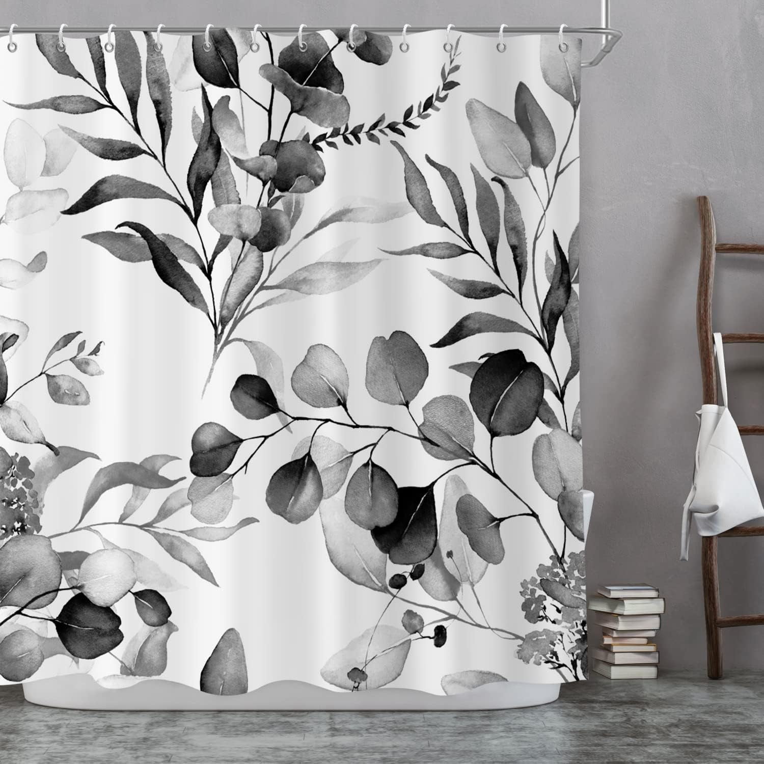 Black Eucalyptus Leaf Stall Shower Curtain, Black Botanical Watercolor Plants Bathroom Curtain Bathtub Home Decor Waterproof Fabric Machine Washable with 6PCS Hooks,36" Wx72 L