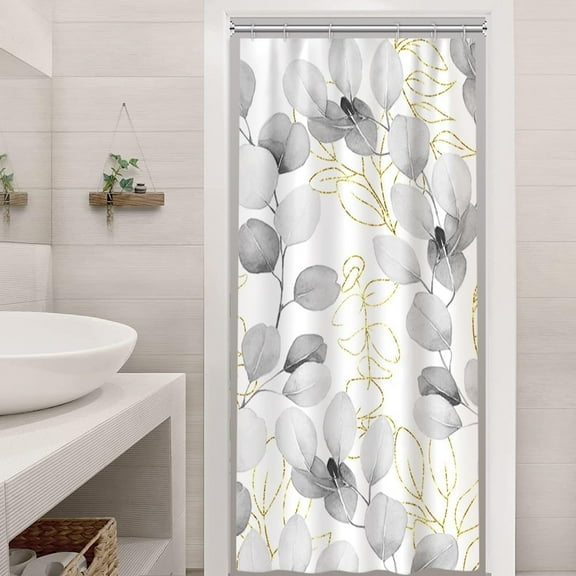 Black Eucalyptus Shower Curtain, Abstract Black and Gold Spring Botanical Shower Curtain Set with Hooks Waterproof Fabric Watercolor Plant Leaves Bathroom Decor, 72x72 Inch