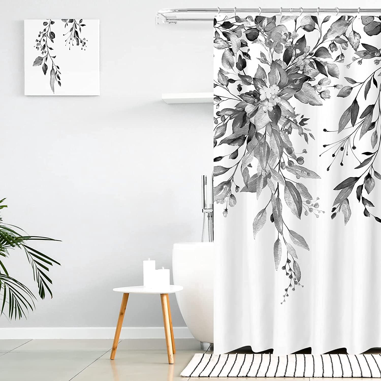 Black Eucalyptus Shower Curtain Sets, Watercolor Grey Leaves on The Top Plant with Floral Bathroom Decoration 36x72 Inch with Hooks
