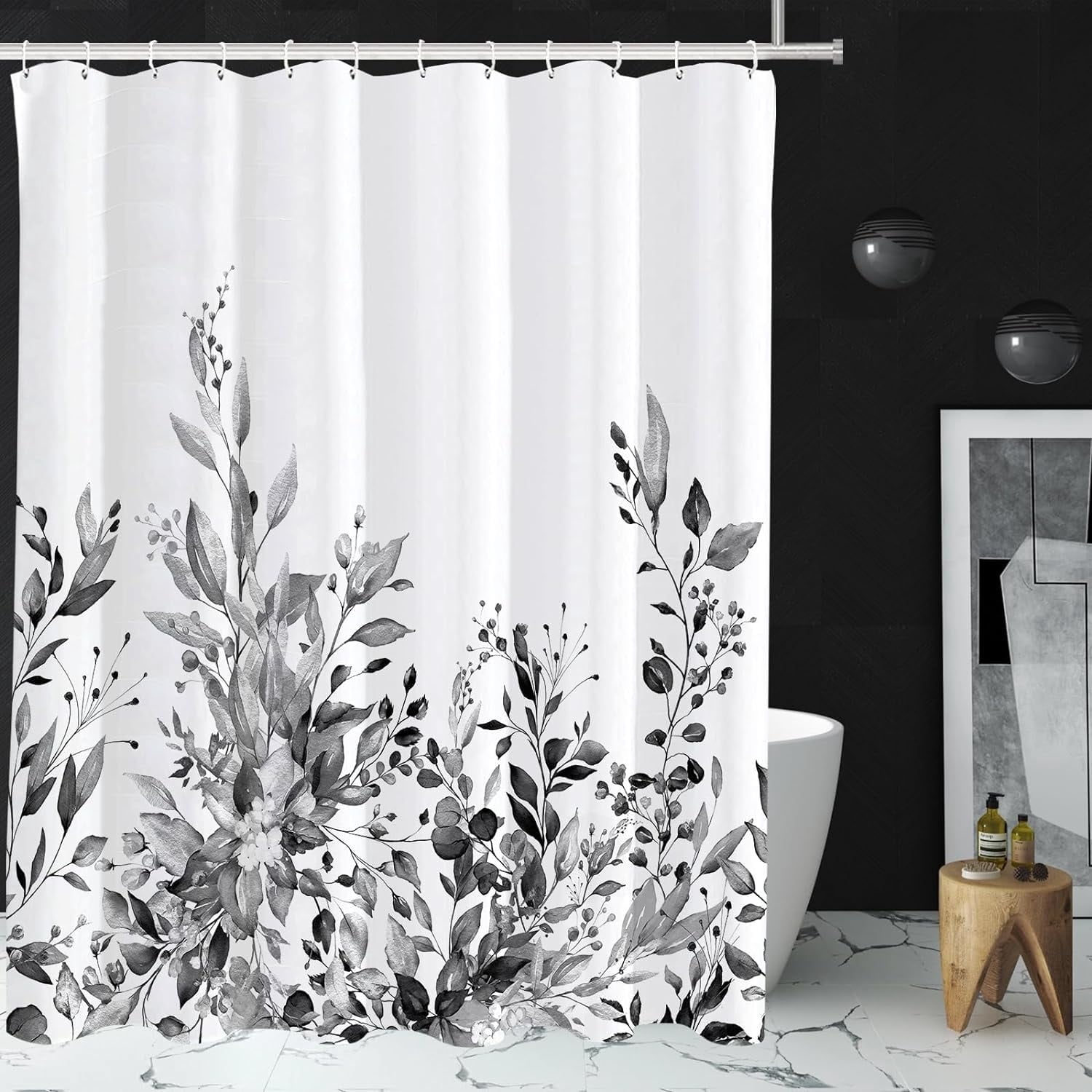Black Eucalyptus Shower Curtain, Watercolor Grey Leaves Plant with Floral Bathroom Decoration Shower Curtain Sets 71x71 Inch with Hooks