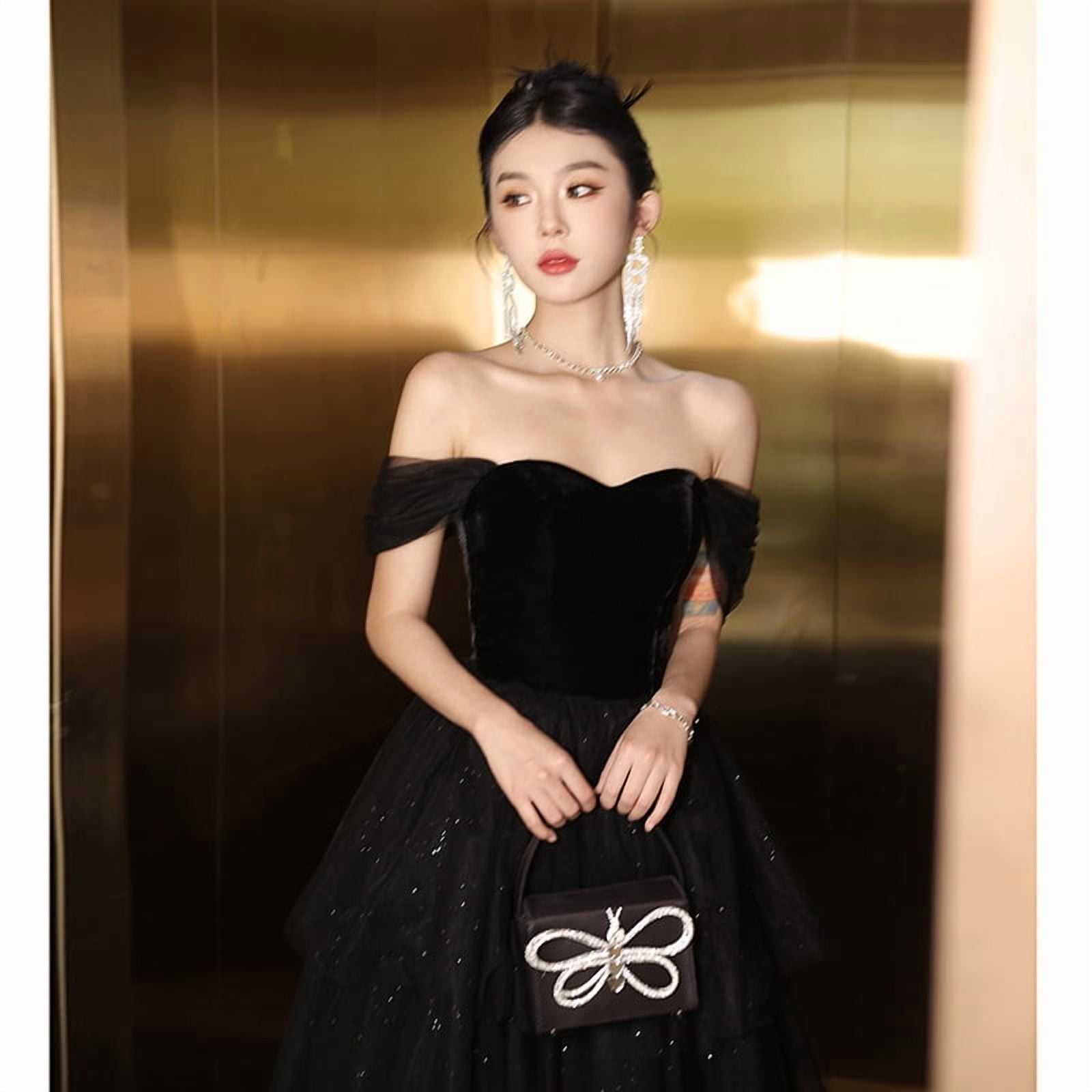 Elegant High Waist Black Long Dress