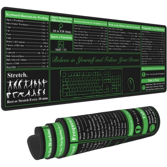 Black Excel Shortcut Keys Mouse Pad 31.5x11.8 in Big Extended Non-Slip Rubber Base Mousepad with Stitched Edges Gaming Pc Desktop Large Mouse Pad