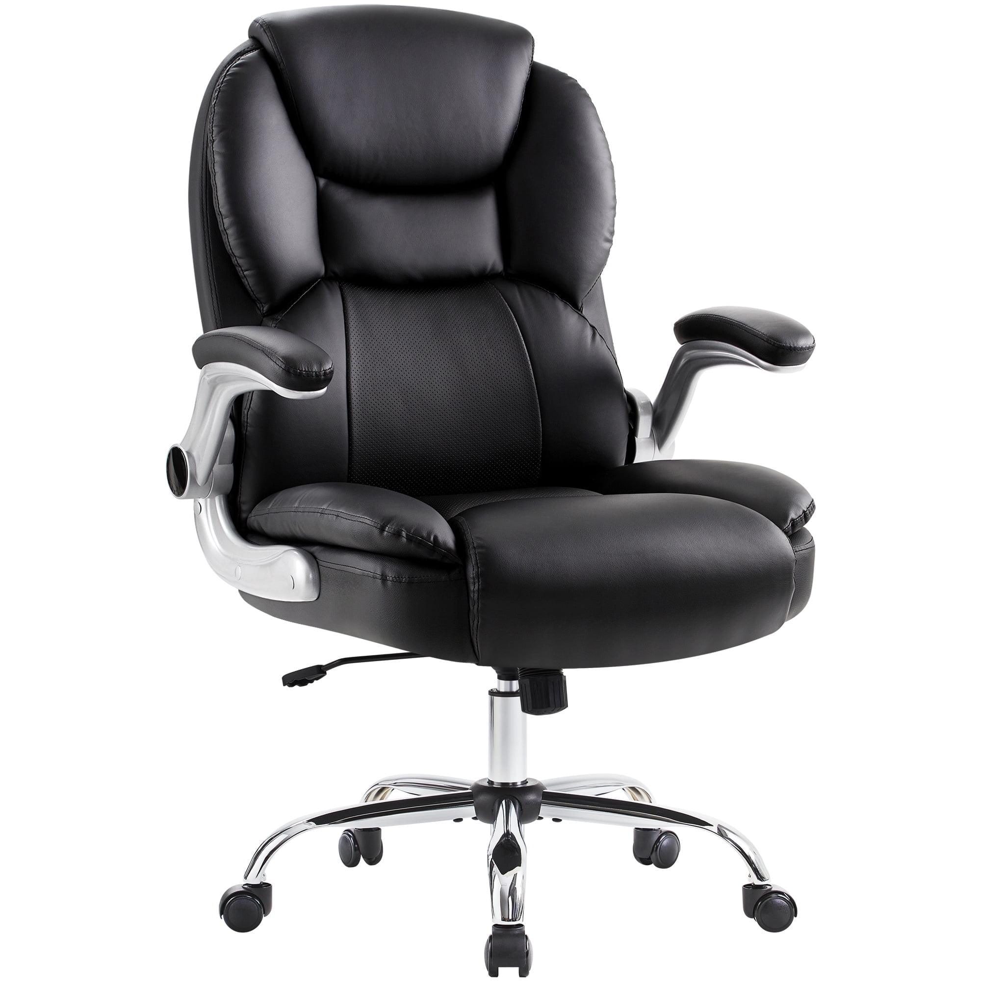 Black Executive Office Chair Big and Tall Computer Desk Chair with Adjustable Flip-up Armrests, High Back Leather Chair with Lumbar Support, Swivel Rolling Chair for Adults Working Study