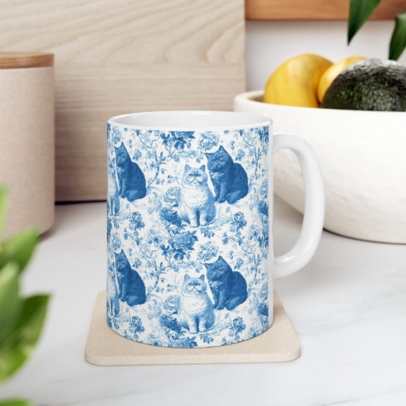 Black Exotic Shorthair Cat French Toile Mug - Vintage Style Coffee Cup for Exotic Shorthair Kitty Lovers Cat Chinoiserie Tea Cup Gifts