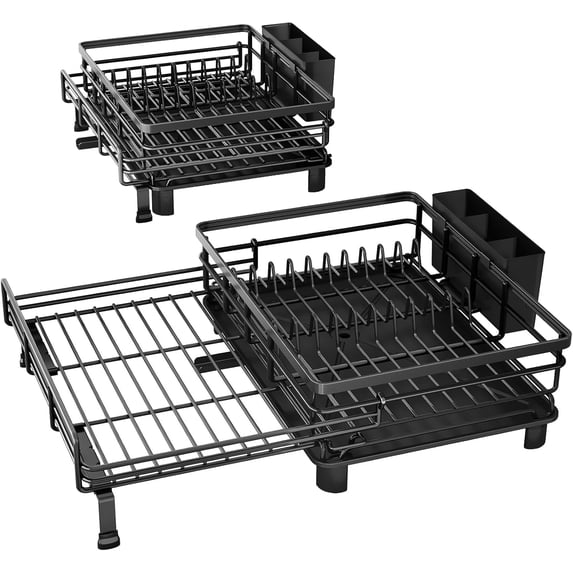 Black Expandable Dish Drainer Rack, Heavy-Duty Steel Drying Stand with ...